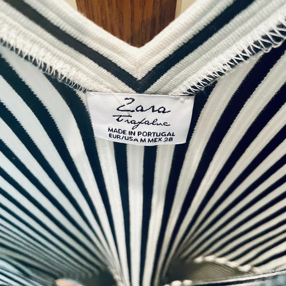 Zara asymmetrical deep v-neck stretch midi dress SZ M black white stripe - Picture 4 of 8